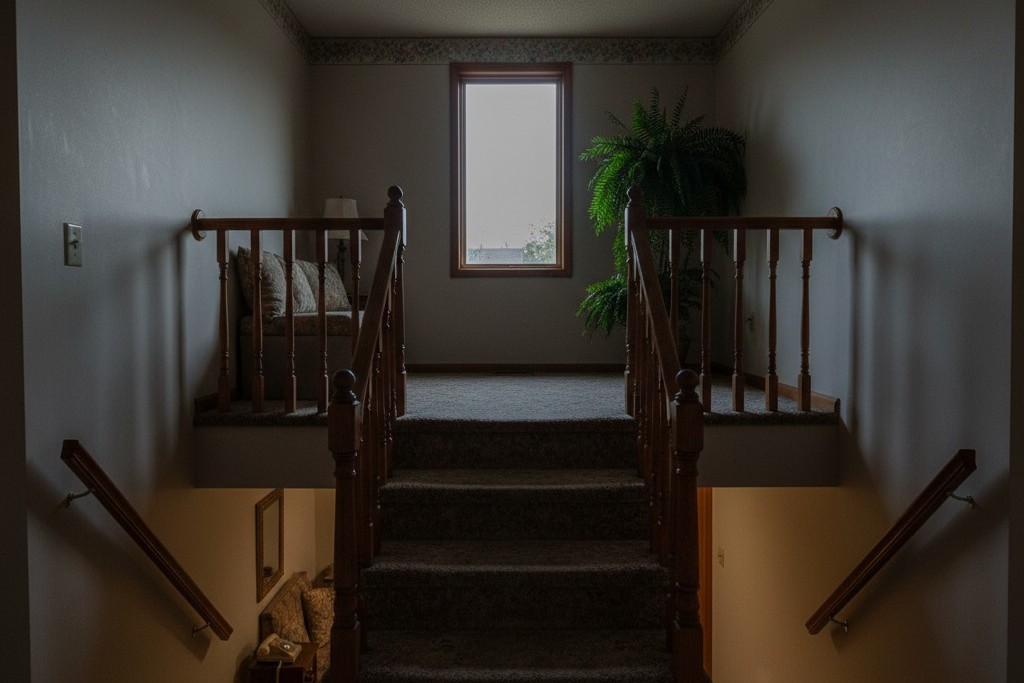 Pianerottolo di ingresso a livelli sfalsati al crepuscolo Vista interna di un ingresso a livelli sfalsati che mostra un piccolo pianerottolo con scale che salgono al livello principale e scendono al seminterrato.