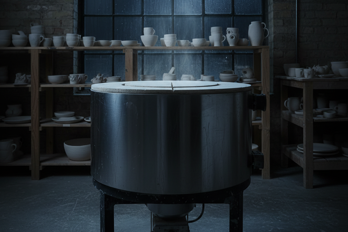 A large cylindrical stainless steel kiln sits in the center of a dimly lit workspace with exposed brick walls. Wooden shelves filled with unglazed ceramic vessels line the background in front of a large, gridded industrial window.