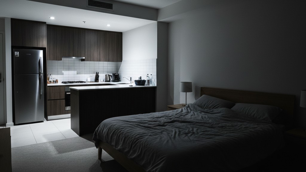 Open plan studio harsh lighting A modern studio apartment at night where bright, cool-white kitchen lights harshly illuminate the adjacent sleeping area.