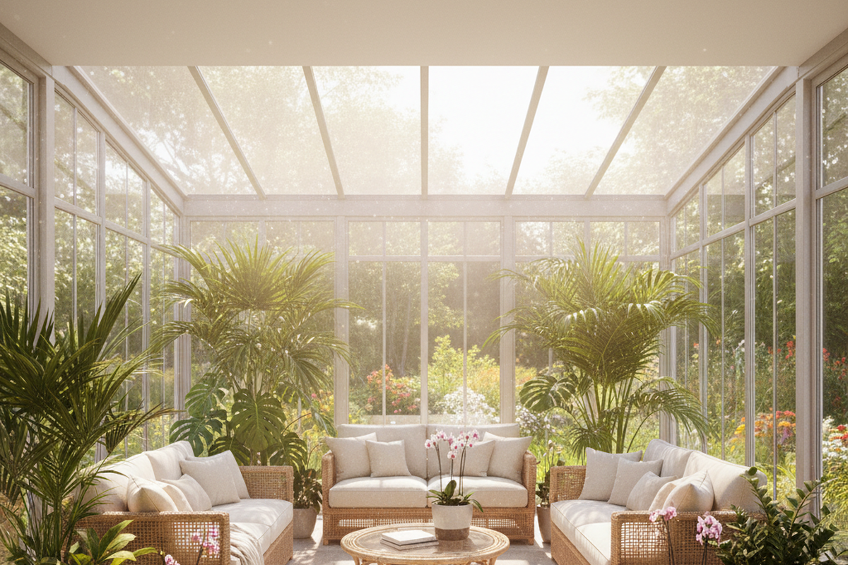 Ein heller Wintergarten verfügt über bodentiefe Glaswände und ein Glasdach, die den Raum mit natürlichem Licht fluten. Korbsessel mit beigen Kissen umgeben einen runden Couchtisch, akzentuiert durch große Topfpflanzen mit Palmen und Orchideen.