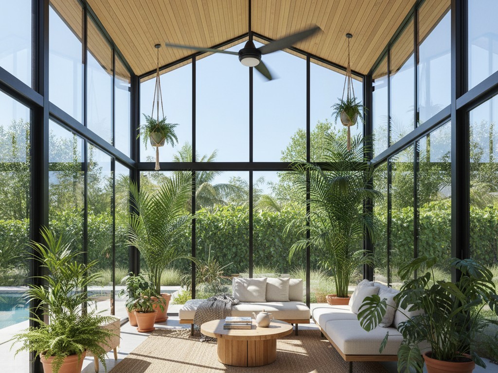 Sunroom environment challenges A bright, glass-walled sunroom interior filled with sunlight, large potted plants, and a ceiling fan in motion.