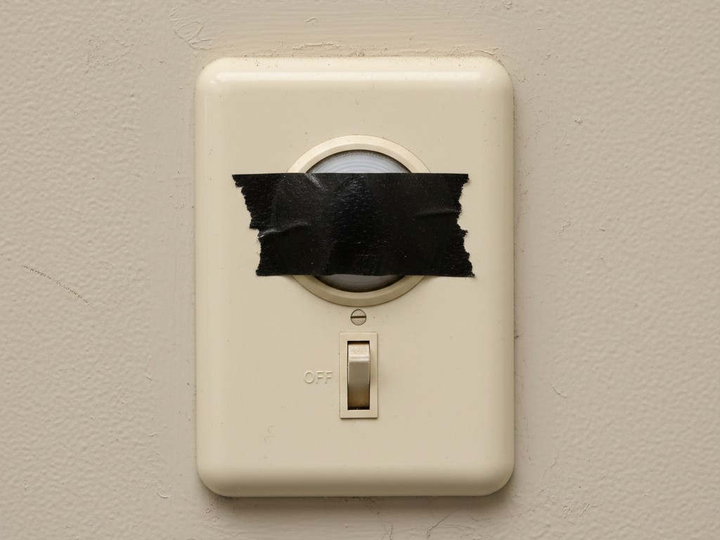 Taped over motion sensor A white wall-mounted motion sensor switch in an office with a strip of black electrical tape covering the sensor lens.