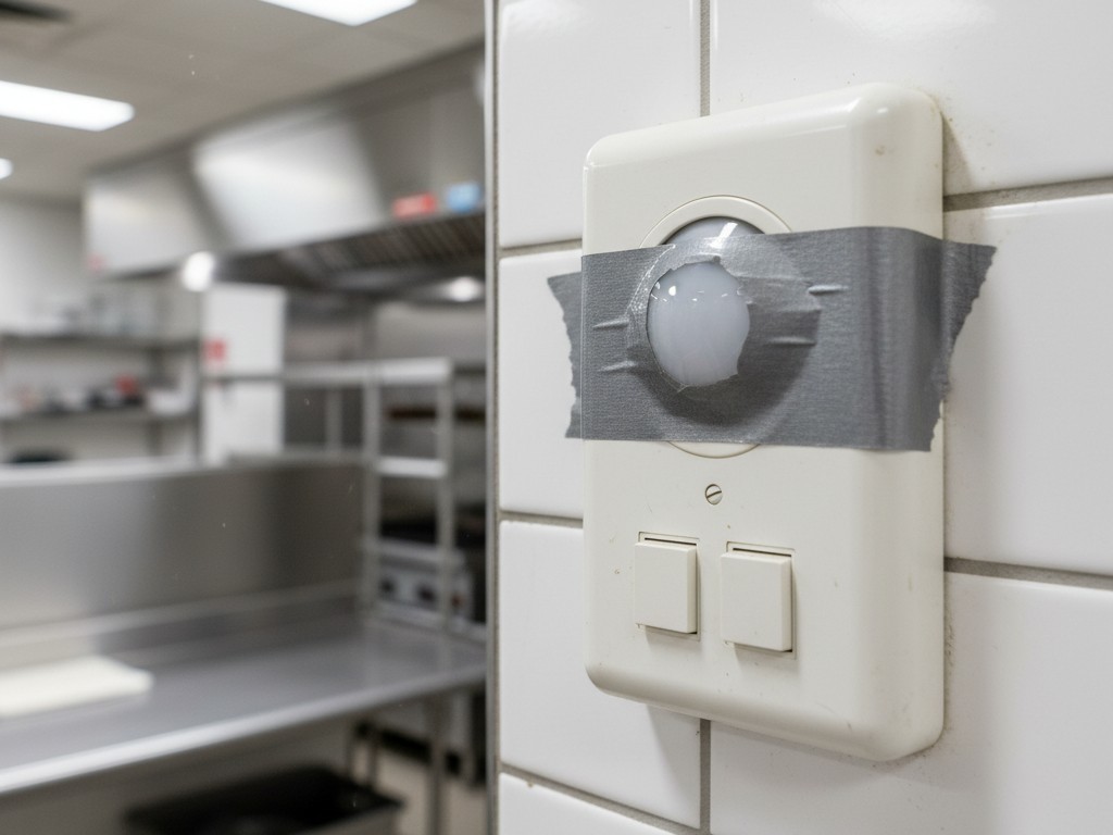 Sensore di movimento a parete sabotato Un primo piano di un interruttore rettangolare per parete commerciale su una parete piastrellata, con un pezzo di nastro adesivo argentato che copre la lente del sensore di movimento.