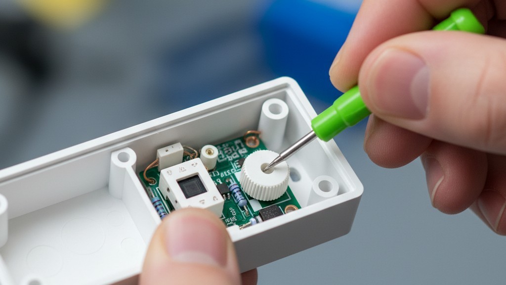 Adjusting motion sensor sensitivity A close-up macro shot of hands using a small screwdriver to adjust a dial inside an open white motion sensor housing.