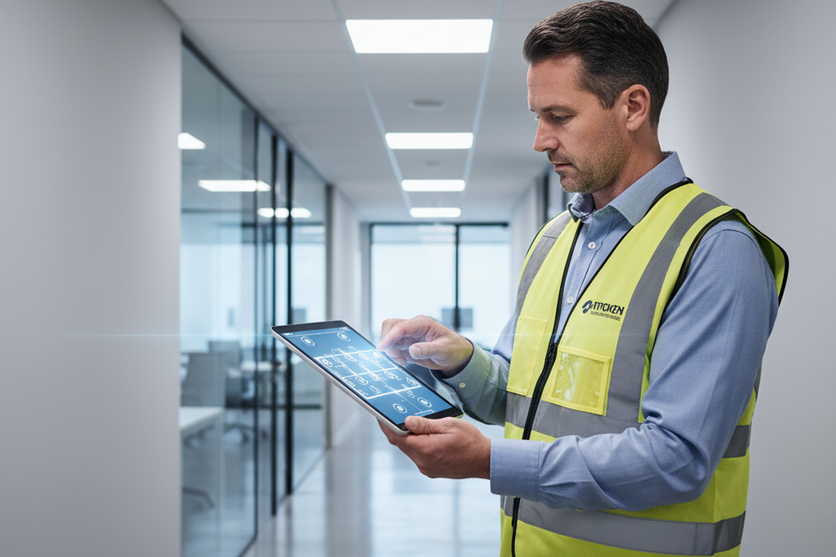 Ein Techniker, der eine gelbe Warnweste trägt, bedient ein Tablet-Gerät in einem modernen, gut beleuchteten Büroflur. Der Bildschirm zeigt eine technische Schnittstelle mit schematischen Linien und Steuerpunkten.