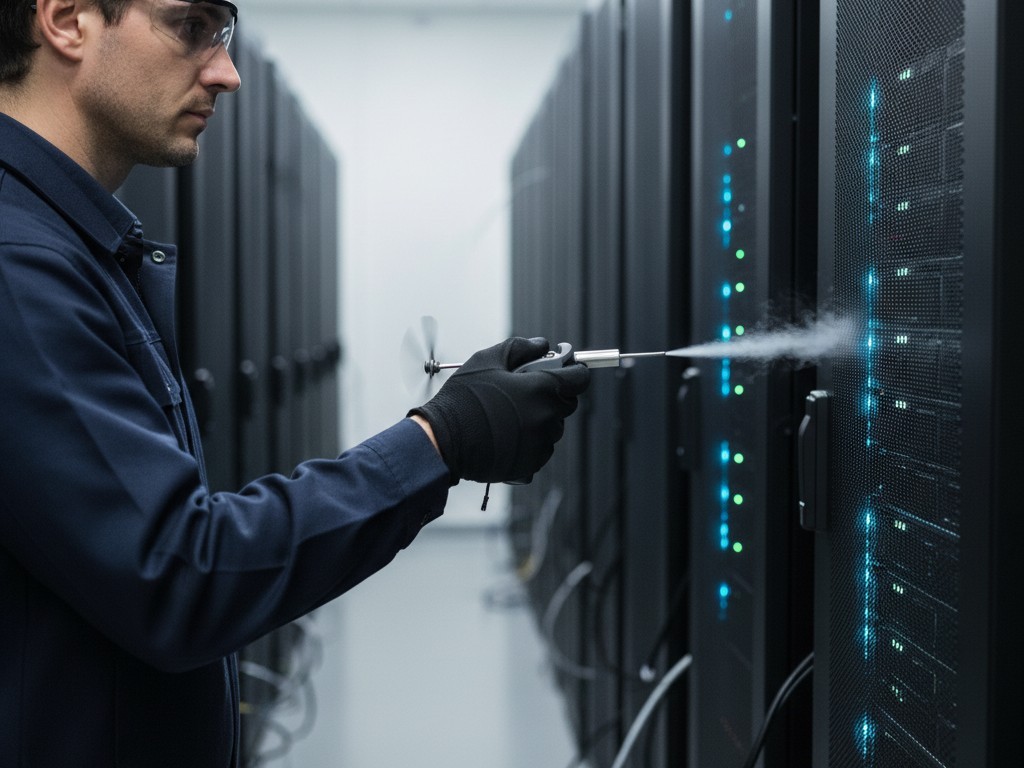 Technician checking airflow A technician standing in a server room aisle holding a handheld airflow meter to test air currents near a rack.
