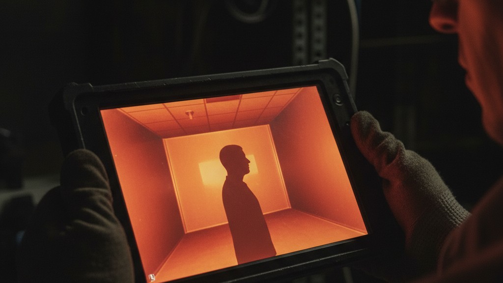 Thermal contrast visualization A close-up of a diagnostic screen displaying a thermal image where a human figure in orange blends almost completely into a warm orange background.