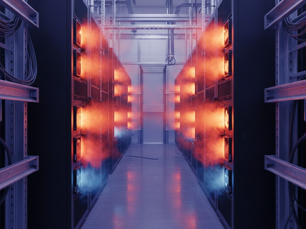 Thermal heat plume visualization A simulated thermal camera view of a server rack aisle, showing bright orange and red heat venting from the equipment into a cooler blue room.