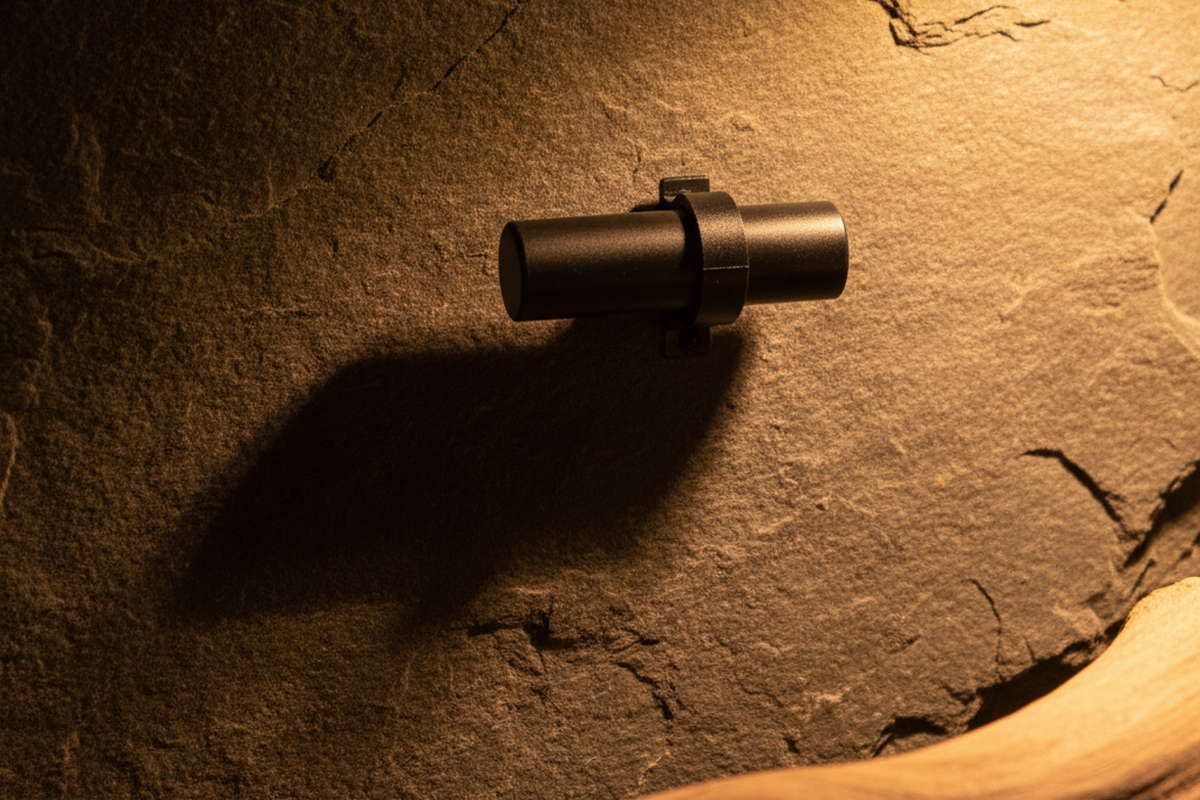A cylindrical black temperature probe is mounted horizontally on a textured stone wall, casting a sharp shadow to the left. A piece of light-colored driftwood rests in the foreground.