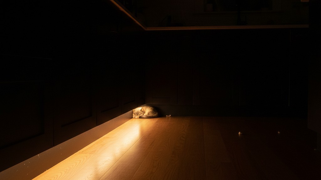 Warm toe-kick lighting at night A low-angle view of a dark kitchen with soft, warm light glowing from underneath the base cabinets across a wooden floor.