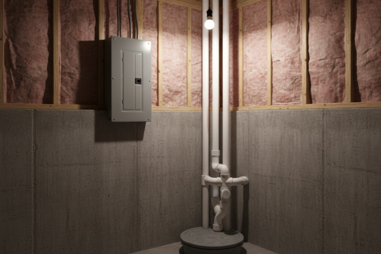 단일 맨 전구가 콘크리트 벽과 목재 스터드 사이에 분홍색 단열재가 있는 미완성 지하실 코너를 비춘다. 회색 전기 차단기 박스가 벽에 설치되어 있고, 흰색 PVC 파이프가 서브펌프에 연결되어 있다.