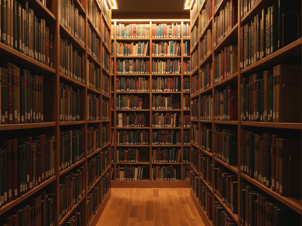 Uniform vertical illuminance on shelves A section of library shelving where book spines are evenly illuminated from the top shelf to the bottom, showing vivid colors and clear text.