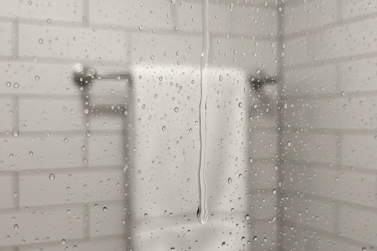 Water droplets and a vertical streak of water cover a glass shower door, obscuring the white subway tiles and towel rack in the background.