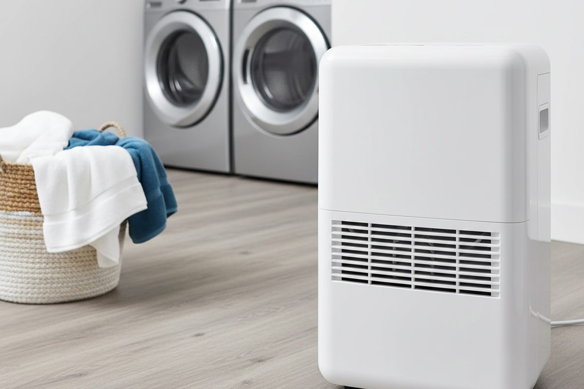 Ein weißer tragbarer Luftentfeuchter steht im Vordergrund auf einem hellen Holzboden. Im Hintergrund steht ein Wäschekorb mit Handtüchern neben zwei silbernen Waschmaschinen.