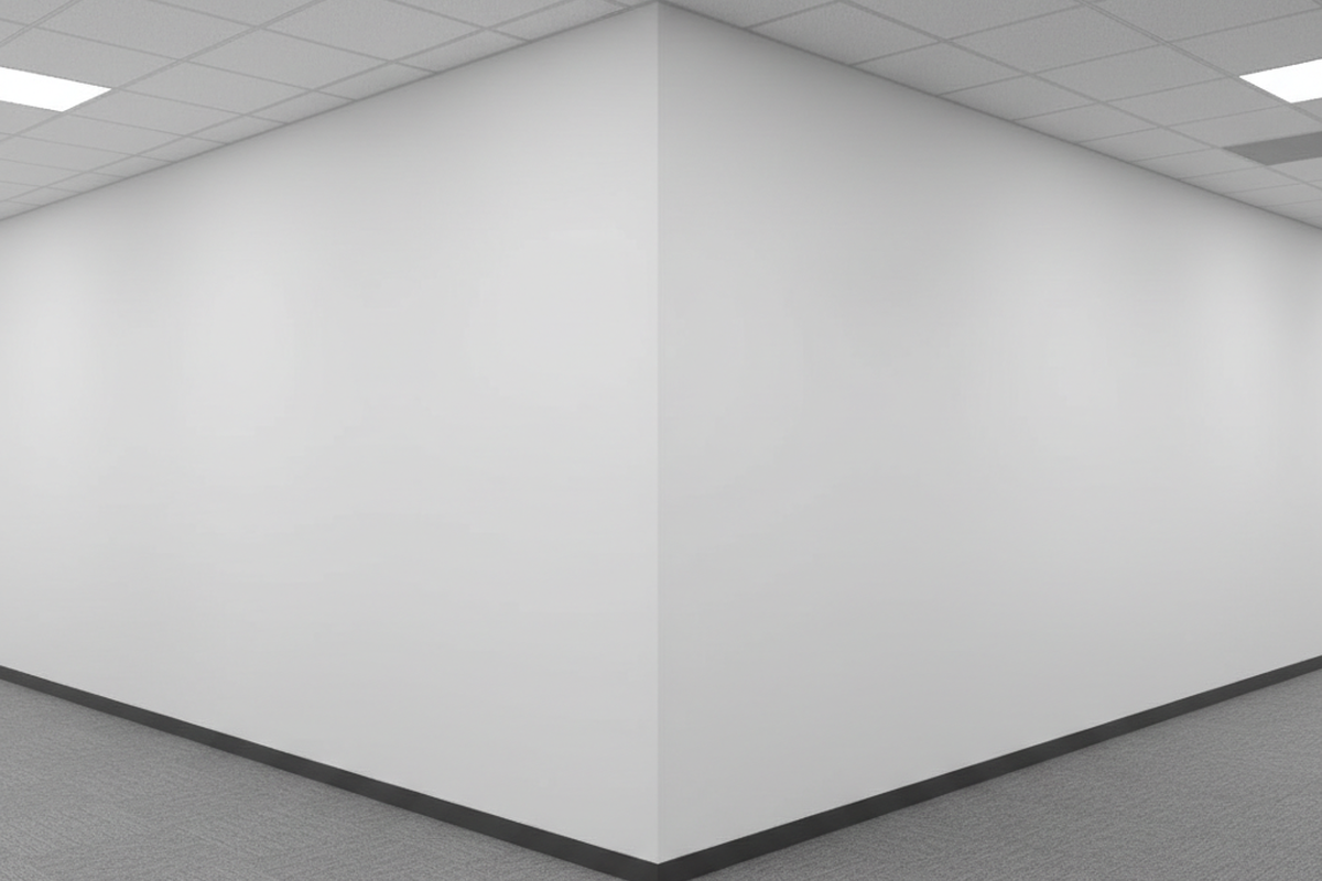 A stark white wall corner projects into an empty office corridor lined with grey carpet and overhead grid lighting. The vertical edge creates a sharp division between the two visible sides of the hallway structure.