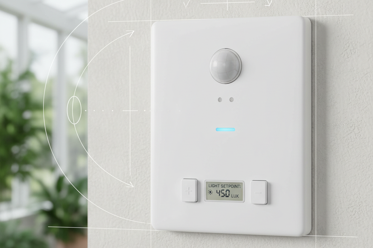 Un interruttore sensore di presenza montato a parete con una lente PIR e un piccolo display che mostra il punto di regolazione della luce in lux. Linee di calibrazione sottili e frecce sovrapposte alla scena, con una stanza luminosa con finestre sfocata sullo sfondo.