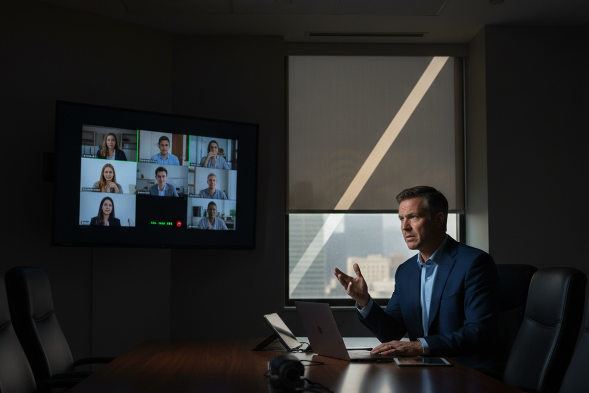 ผู้ชายคนหนึ่งนั่งที่โต๊ะประชุมพร้อมแล็ปท็อปในขณะที่หน้าจอที่ติดผนังแสดงการโทรวิดีโอหลายคน ห้องมืดเล็กน้อยโดยมีแสงธรรมชาติจากหน้าต่างกรองผ่านม่าน