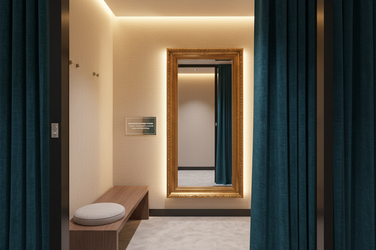 ห้องลองเสื้อผ้าปลีกพร้อมม่านเปิด, ม้านั่ง, และกระจกกรอบ รูปแบบการตรวจจับของเซ็นเซอร์ตรวจจับการเข้าออกบนเพดานที่มองเห็นได้เหนือประตู