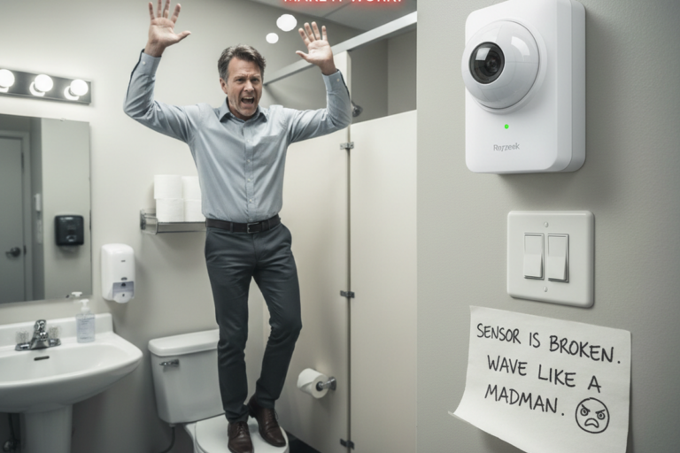 Kollarını kaldırmış bir adam, ticari bir tuvalette bir klozetin üzerinde duruyor. Bir duvara monte hareket sensörü ve el sallamayı söyleyen el yazısı bir not, bir ışık anahtarının yanında görünuyor.