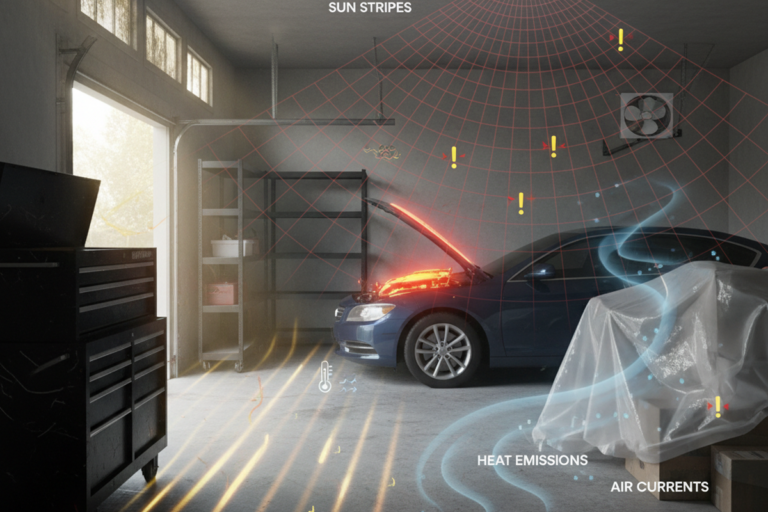 El interior de un garaje muestra un sensor de movimiento montado en el techo con una cuadrícula de detección roja superpuesta a un coche estacionado y al suelo. Rayas solares cruzan el concreto, y superposiciones gráficas indican emisiones de calor y corrientes de aire como posibles fuentes de activación.