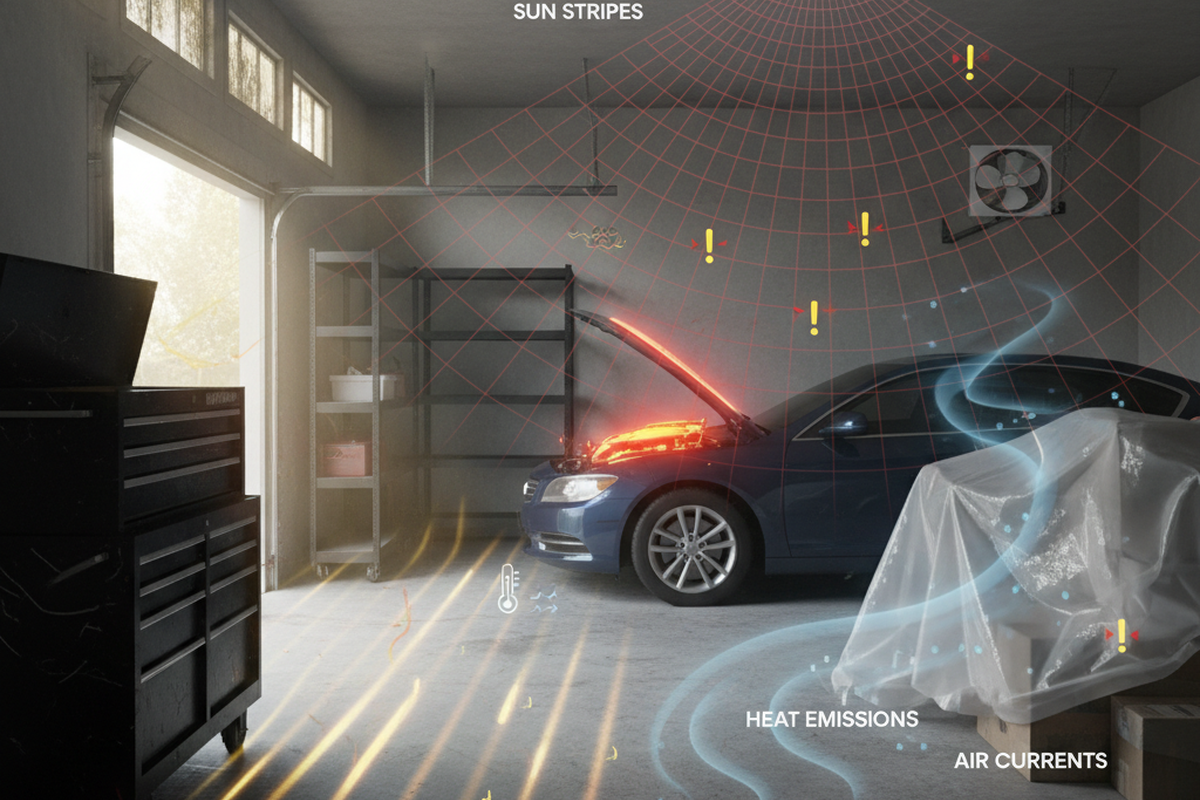 ภายในโรงรถแสดงเซ็นเซอร์ตรวจจับการเคลื่อนไหวบนเพดานพร้อมกริดตรวจจับสีแดงทับรถจอดและพื้น แถบแสงแดนส่องผ่านคอนกรีต และภาพซ้อนแสดงการปล่อยความร้อนและลมในอากาศเป็นแหล่งทริกเกอร์ที่เป็นไปได้