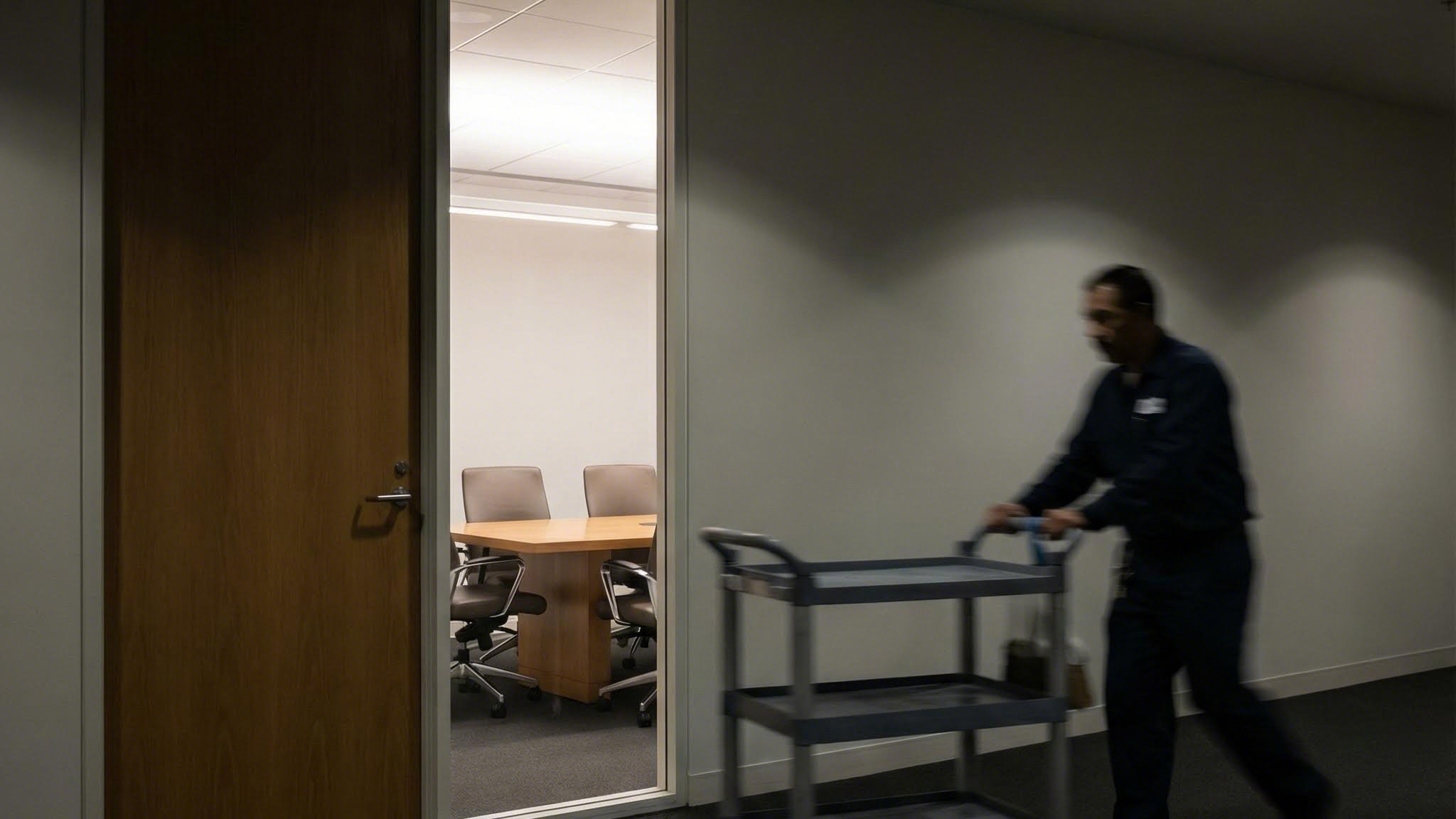 An empty conference room at night with lights on, seen through a glass sidelite while a janitor pushes a cart down the corridor outside.