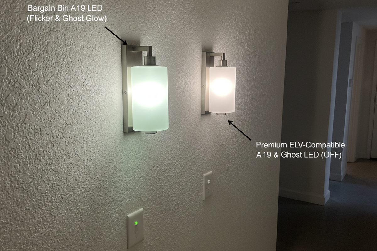 โคมไฟผนังสองดวงบนผนังทางเดินแสดงแสงที่แตกต่างกันในขณะที่สวิตช์ปิด โคมไฟด้านซ้ายเปล่งแสงสีเขียวอ่อน ในขณะที่โคมไฟด้านขวาดูมืดสนิทโดยมีจุดสว่างเล็กน้อยจากแสงที่เหลืออยู่