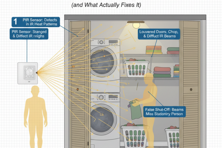 Diagrama en corte de un armario de lavandería con puertas de persiana de lamas y un sensor PIR en la pared que envía haces de detección hacia una lavadora y secadora apiladas y una persona doblando ropa. Las etiquetas muestran cómo las lamas de la puerta rompen los patrones infrarrojos y contribuyen a disparos falsos y a la detección de movimiento estacionario omitida.