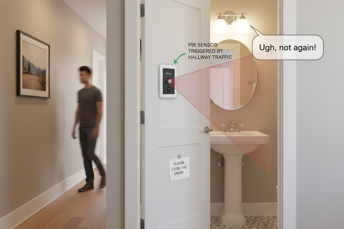 ประตูห้องน้ำเปิดอยู่บางส่วนในขณะที่สวิตช์เซ็นเซอร์ตรวจจับการเคลื่อนไหวแสดงรัศมีการตรวจจับที่เข้าไปในทางเดิน คนหนึ่งเดินผ่านในทางเดินในขณะที่ไฟในอ่างล้างหน้าห้องน้ำเปิดอยู่