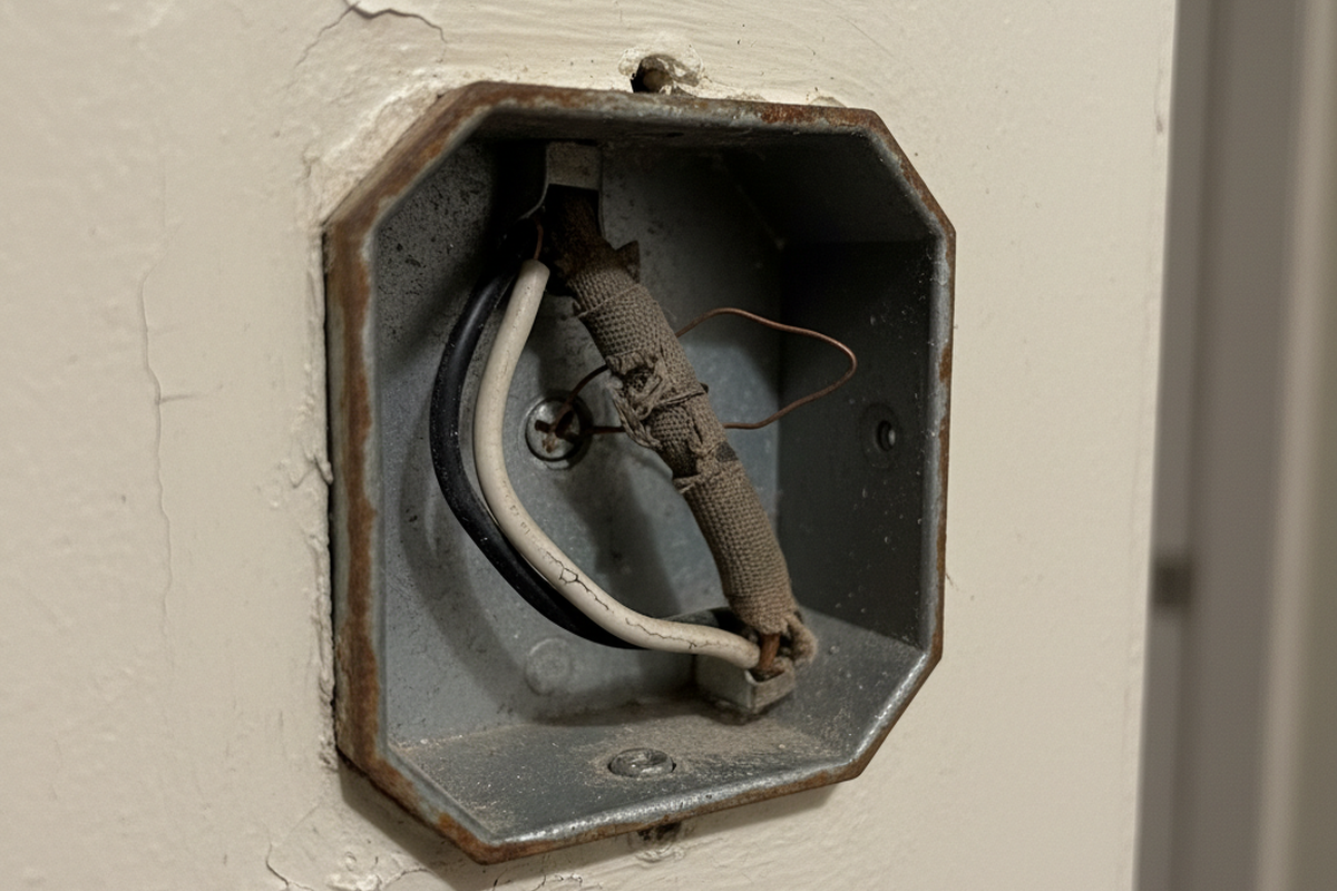 กล่องสวิตช์ผนังโลหะเปิดเผยสายไฟสีดำ สายไฟสีขาว และสายเคเบิลพันด้วยผ้าข้างใน ขอบกล่องเป็นสนิม และผนังรอบข้างมีรอยร้าว