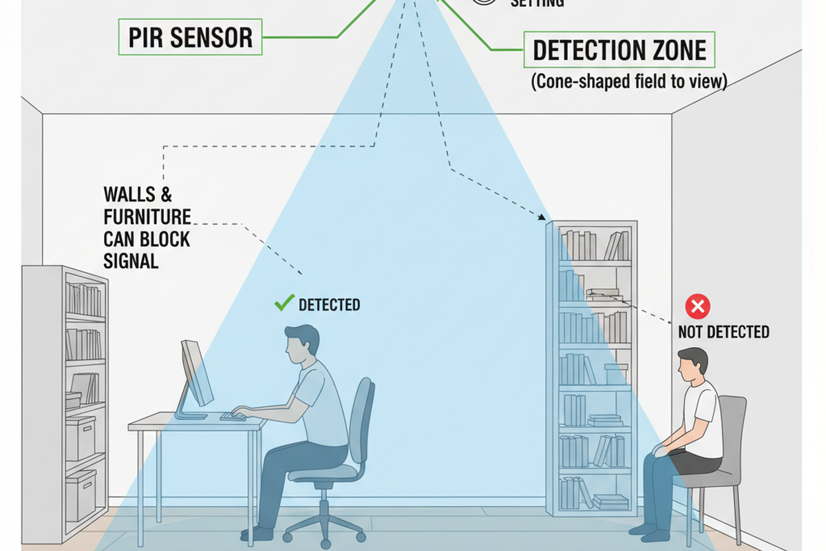 يوضح المخطط حساس PIR مركب في السقف يُظهر منطقة كشف على شكل مخروط عبر المكتب. شخص جالس على مكتب يقع داخل المنطقة بينما شخص آخر جالس خلف الأثاث يقع خارجها.