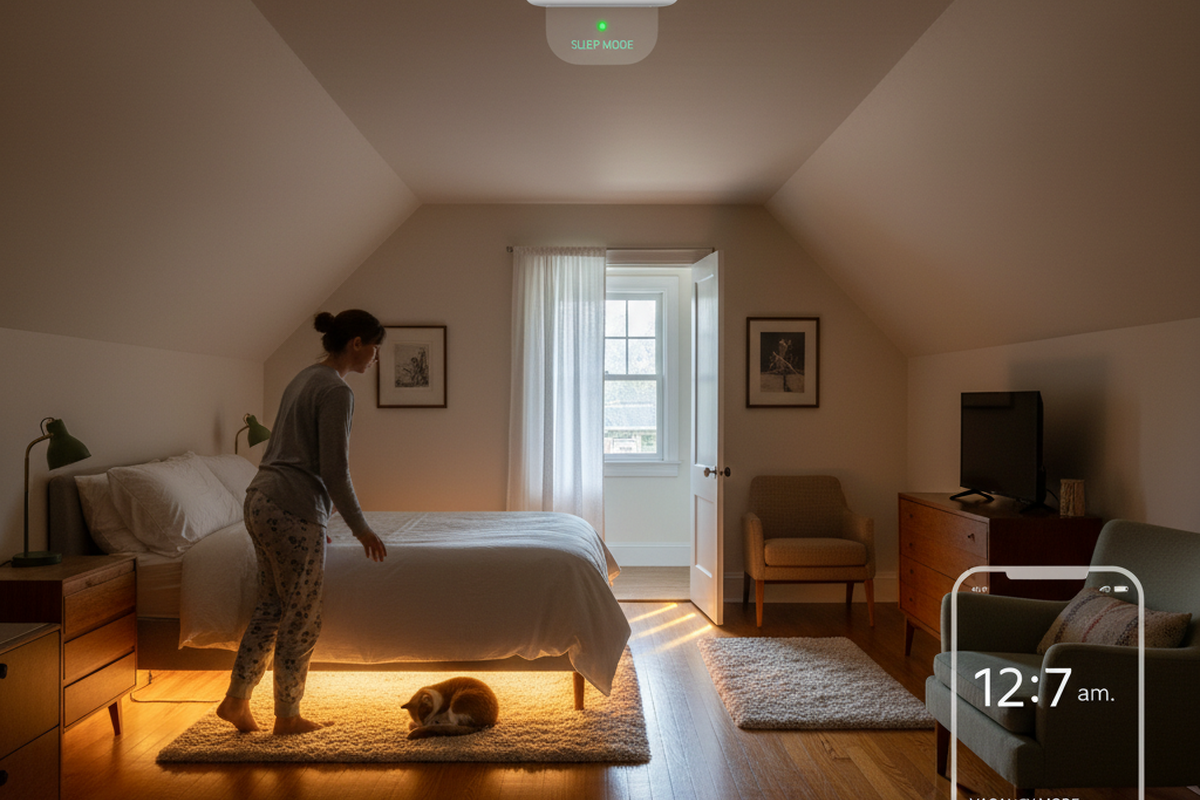 Una habitación tenue muestra a una persona en pijama cerca de la cama mientras un gato yace en la alfombra. Un sensor de techo etiquetado como modo de vacante y una superposición estilo teléfono muestran las 12:17 a.m.