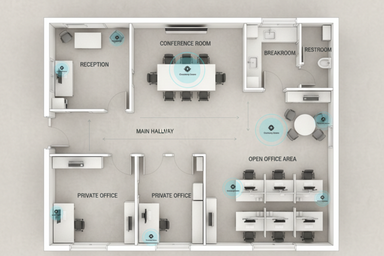 Küçük bir ofis takımı için etiketlenmiş bir kat planı, bir konferans odası, resepsiyon, koridor, dinlenme odası, tuvalet, özel ofisler ve açık ofis alanını gösterir. Mavi daireler PIR ve çift-teknoloji sensör kapsama alanı konumlarını işaret eder.
