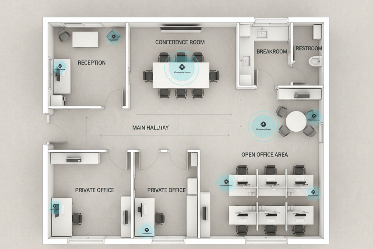 يُظهر مخطط أرضي موسوم لمكتب صغير غرفة مؤتمرات، واستقبال، وردهة، وغرفة استراحة، ومرحاض، ومكاتب خاصة، ومنطقة مكتب مفتوحة. تُميز الدوائر الزرقاء مواقع تغطية مستشعر PIR وتقنية مزدوجة.