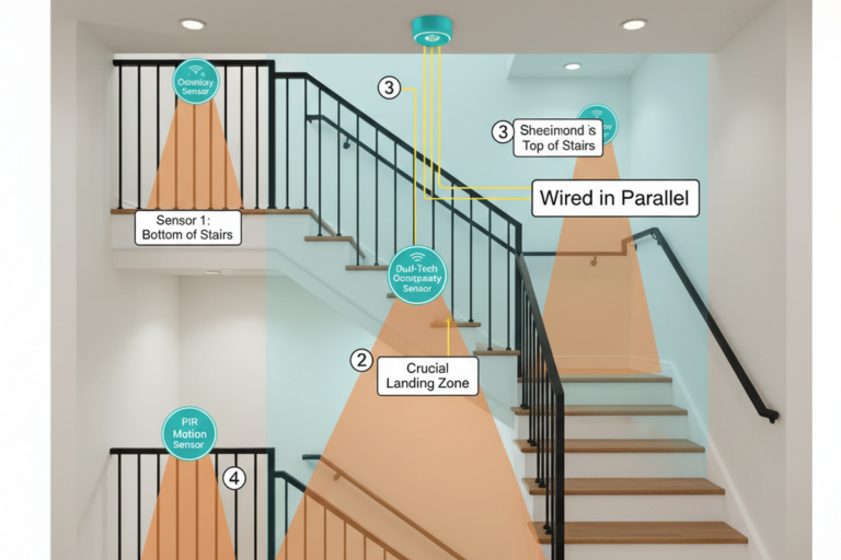 Un diagrama de escalera de nivel dividido muestra múltiples sensores de movimiento con conos de detección naranjas cubriendo las escaleras inferiores, la zona de aterrizaje y las escaleras superiores. Las etiquetas indican cableado en paralelo y resaltan la zona crucial de aterrizaje.