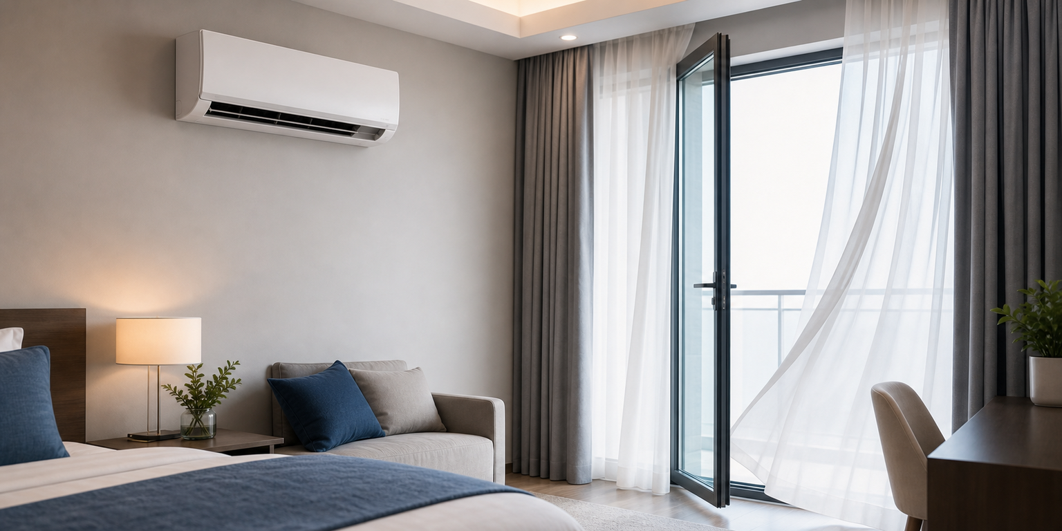 Indoor split AC room with open balcony door causing cooling loss