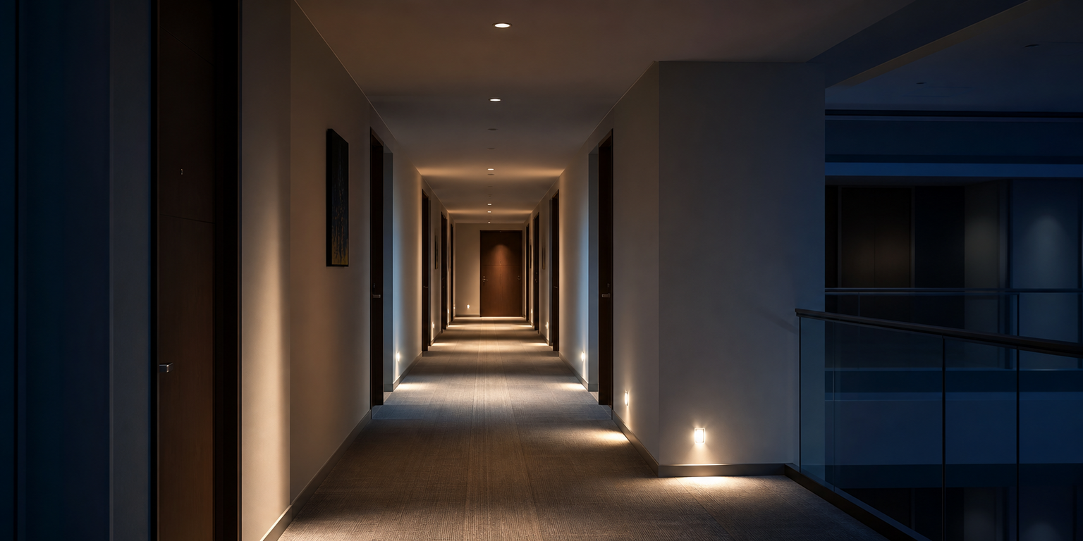 Timer based indoor lighting control in a corridor at night