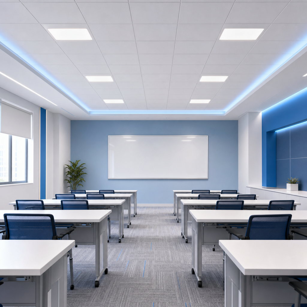 Indoor classroom or office with ceiling mount motion sensor