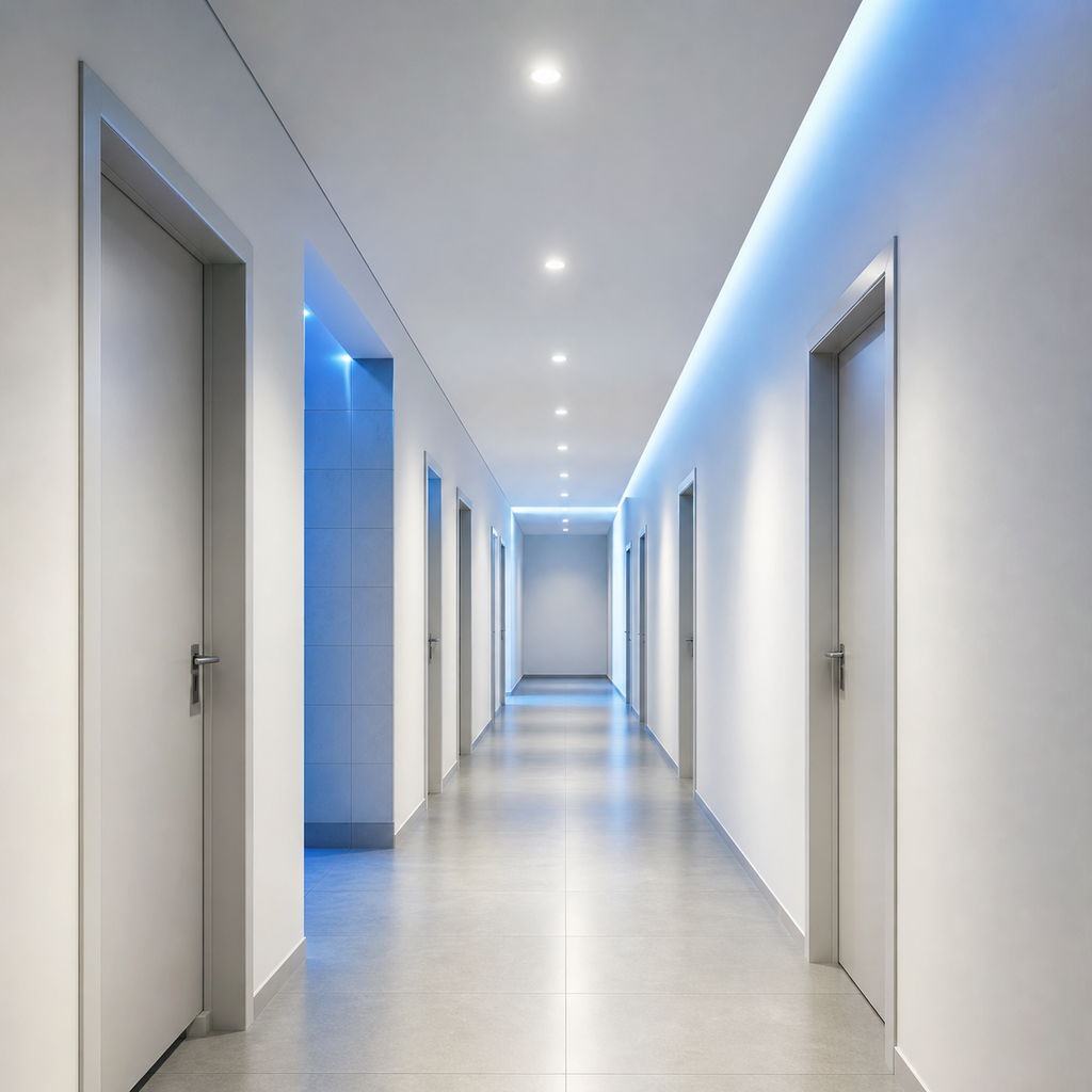 Indoor corridor lighting controlled by ceiling mount sensor