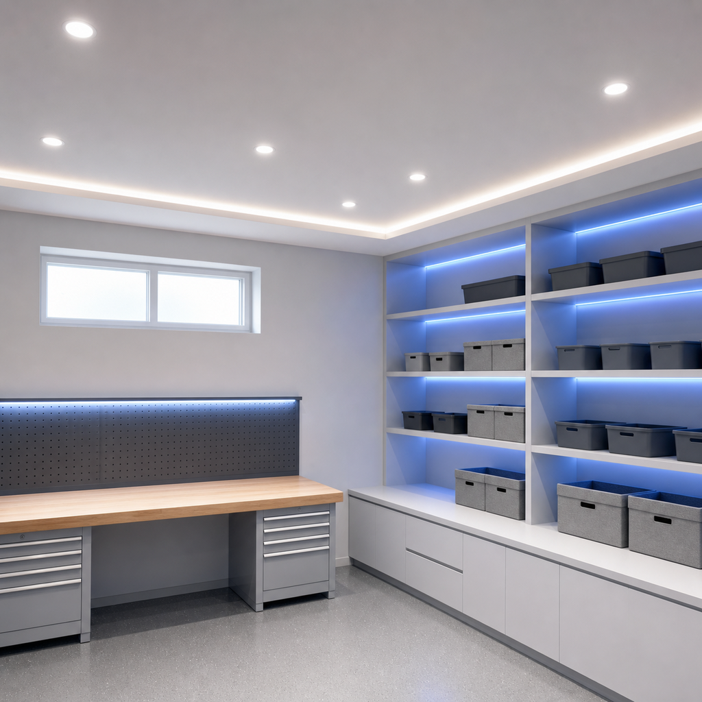 Indoor utility room with low voltage ceiling motion sensor