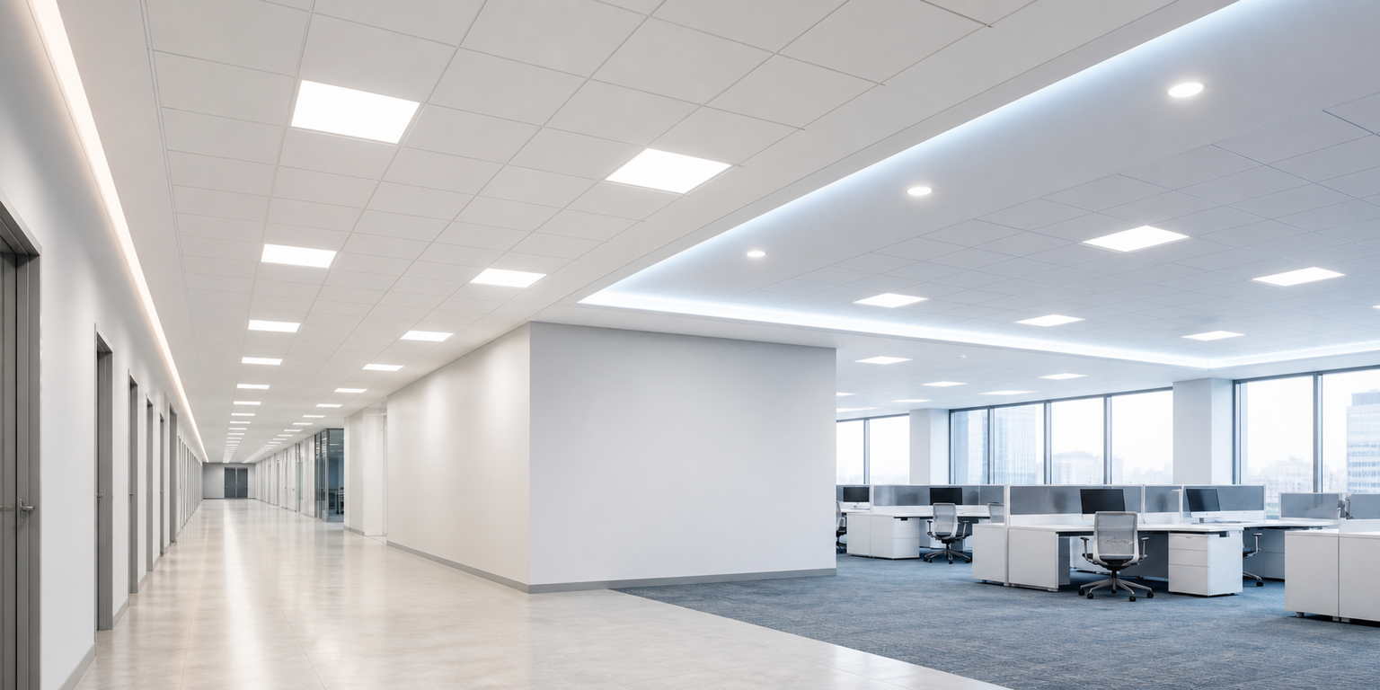 Indoor ceiling mount motion sensor controlling office lighting