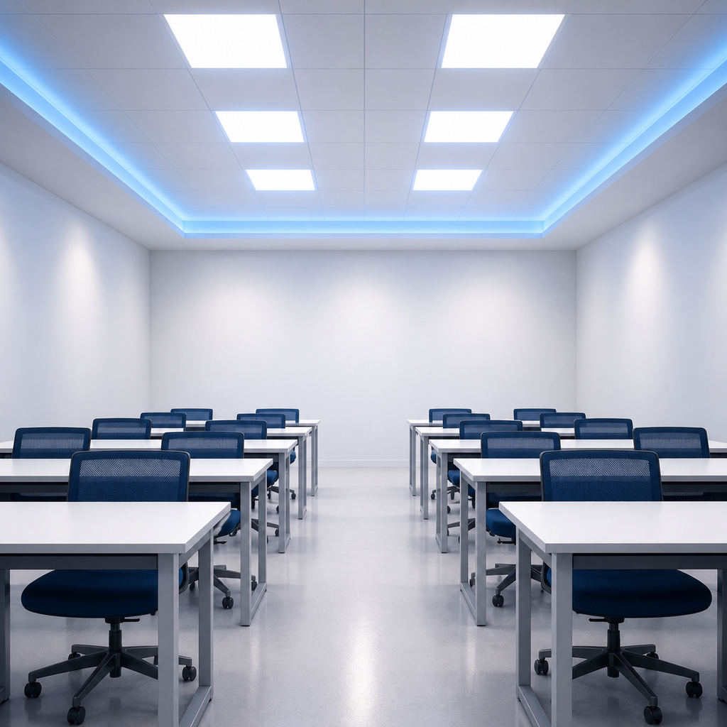 Indoor classroom lighting controlled by ceiling occupancy sensor