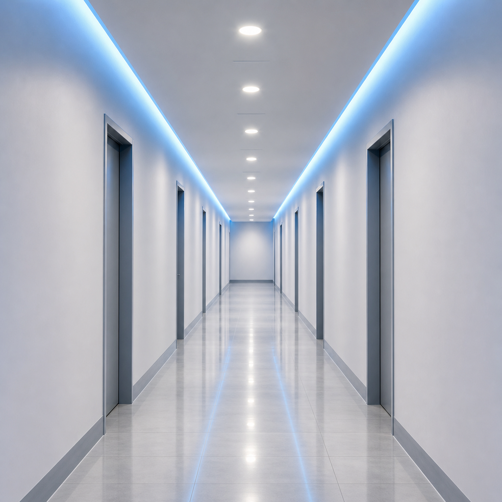 Indoor corridor lighting controlled by ceiling occupancy sensor