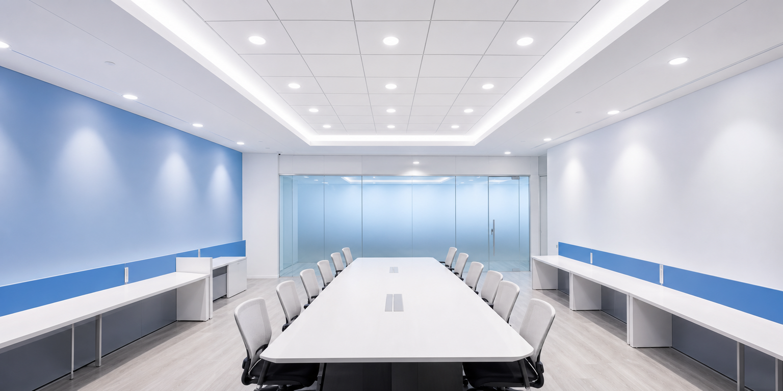 Indoor office lighting controlled by ceiling mount occupancy sensor