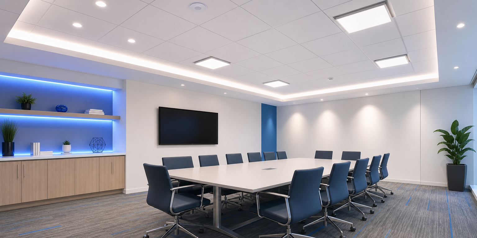 Indoor conference room with ceiling mount occupancy sensor
