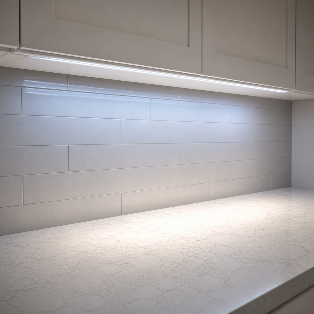Real-life kitchen cabinet LED lighting with DC sensor dimmer control