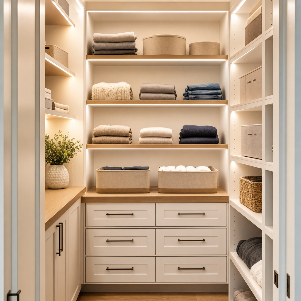 Real-life wardrobe LED lighting with low voltage sensor control