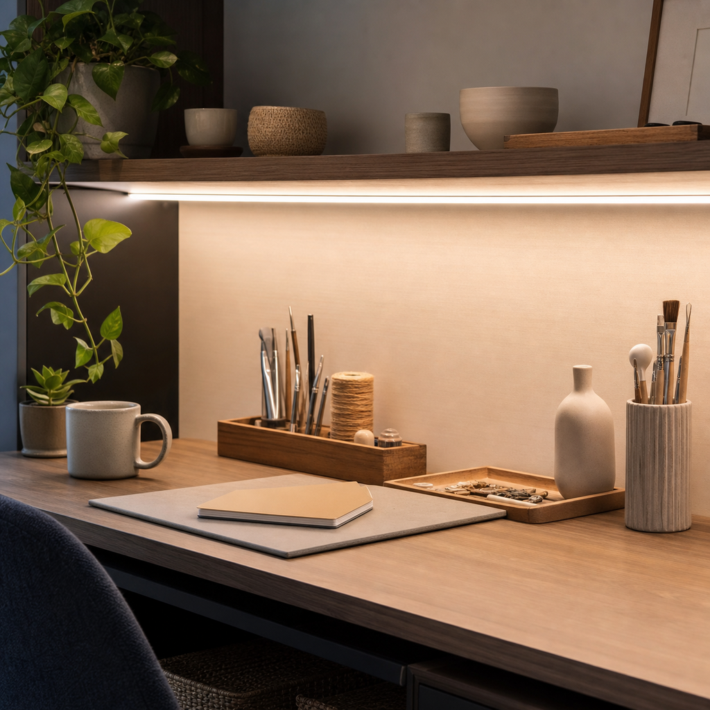 Real-life shelf LED lighting with touchless DC dimmer control