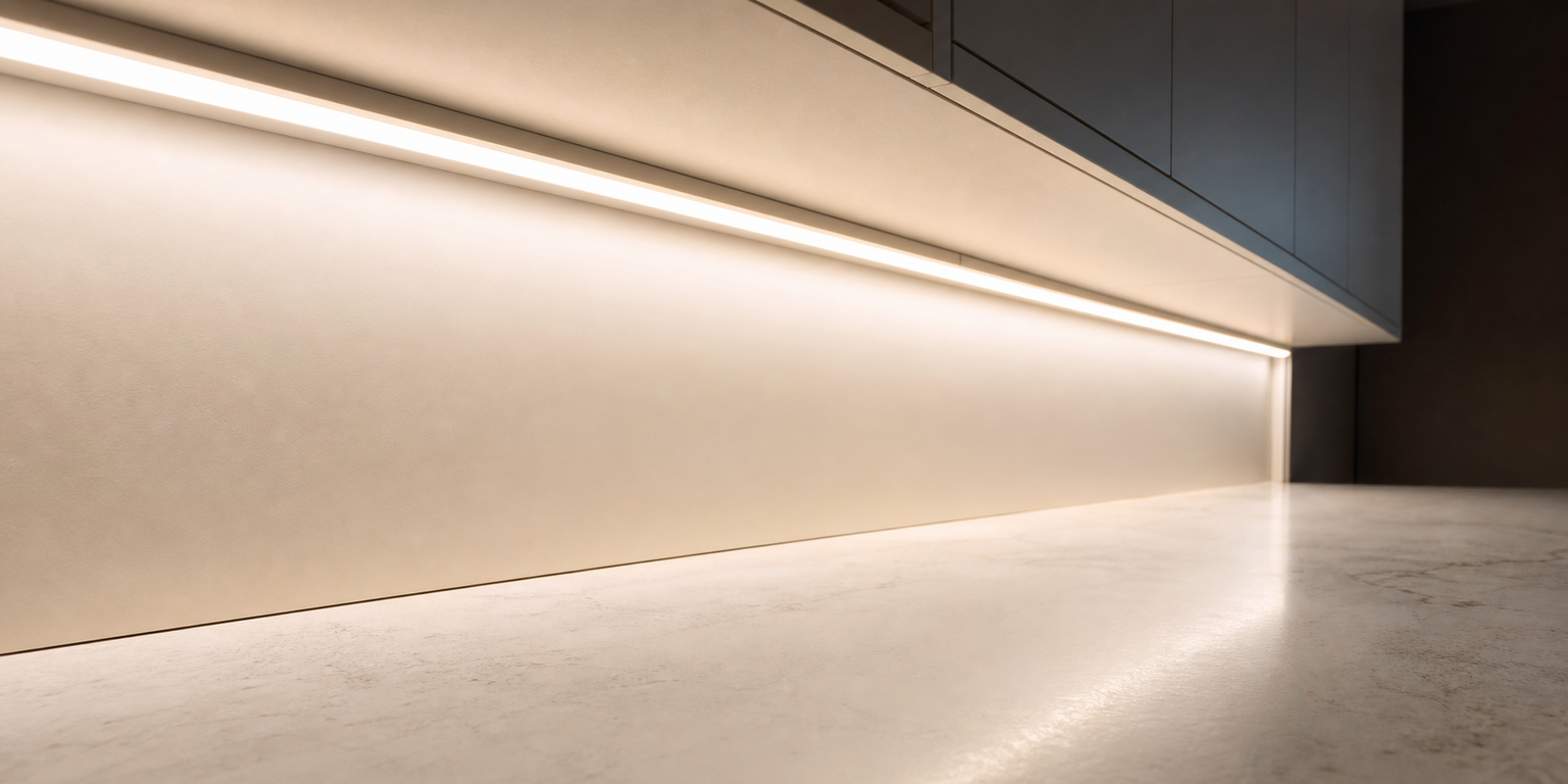 Real-life under cabinet LED lighting controlled by low voltage sensor dimmer