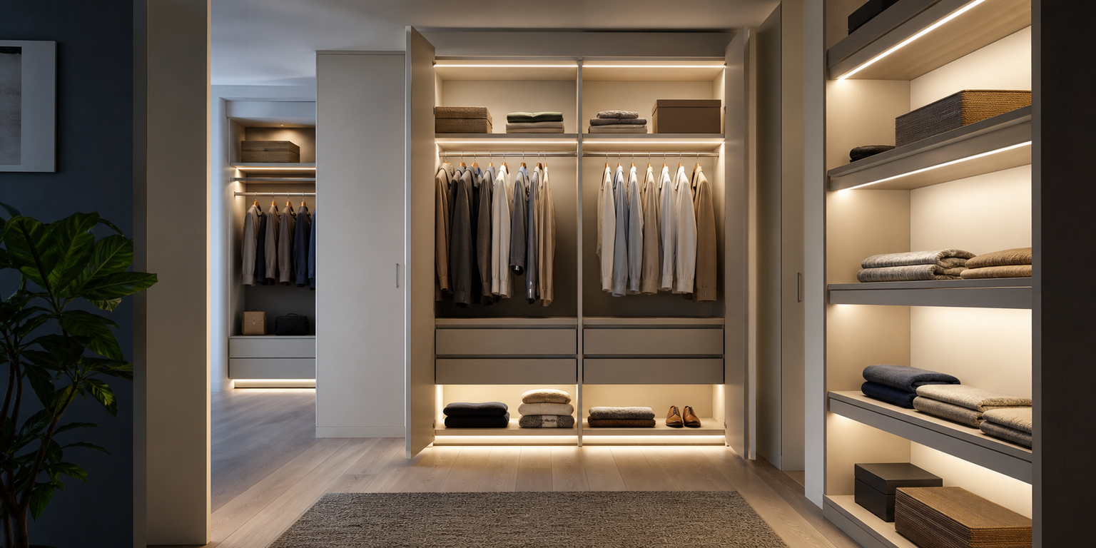Real-life wardrobe and shelf LED lighting with DC sensor dimmer control